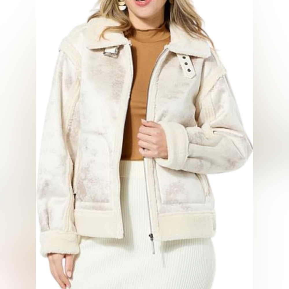 G by Giuliana Black Label Faux Suede & Shearling Zip-Front Coat Scarlet Ivory M